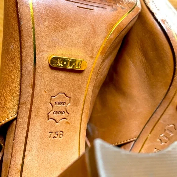 Lauren Ralph Lauren 7-1/2 camel leather high heel open toe buckle ankle booties - Picture 10 of 11